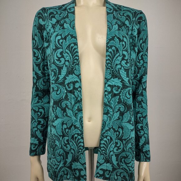 Talbots green damask 100% Merino Wool open front cardigan sweater ladies Small - Picture 1 of 7